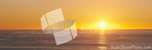 Image of Ocean, sunset and sun on horizon on tropical island and tourism destination for summer vacation in nature. Blue sky, clouds and golden sky on torrey pines beach, landscape and sunshine for salutation