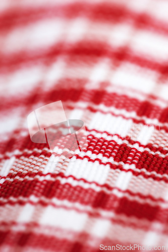 Image of Checkered, cloth and closeup on textile with pattern, color or cotton fabric of picnic blanket. Plaid, tablecloth and lines in motif or traditional style, aesthetic or material with woven detail