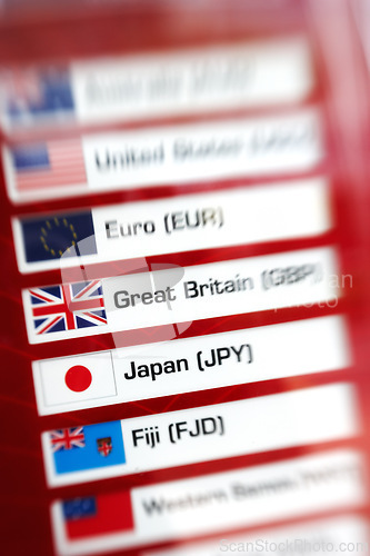 Image of Countries, exchange rate and finance information or money value as travel research or stock, dollar or pound. Great Britain, euro and currency data or blur with foreign profit, report or investment