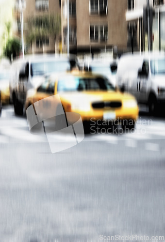 Image of Blur, traffic and taxi in street with city background, landscape and transportation for travel outdoor. Building, cab car driving in road and metro with motion or moving, journey or trip in New York