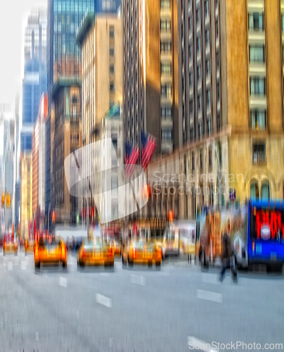 Image of Blur, traffic and taxi in street with city, landscape and transportation background for travel outdoor. Building, cab car driving in road and metro with motion or moving, journey or trip in New York