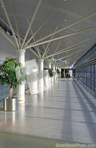 Image of Empty, airport and building for travel, architecture and interior design with corridor or lobby background. Inside for international journey, opportunity and transportation at airline in Copenhagen