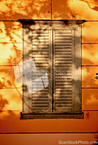 Image of Vintage, window and wooden doors with home exterior, autumn design or building of wall or texture. Pattern, paint or wood frame of shutters, feature or outdoor house for historic or retro decor