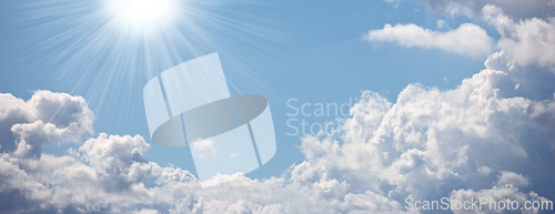 Image of Sun, cloud and blue sky with light for heaven, hope or faith of natural scenery in nature. Sunny day, cloudy fog and sphere of outdoor sunshine, celestial ball or bright orb in the air on banner