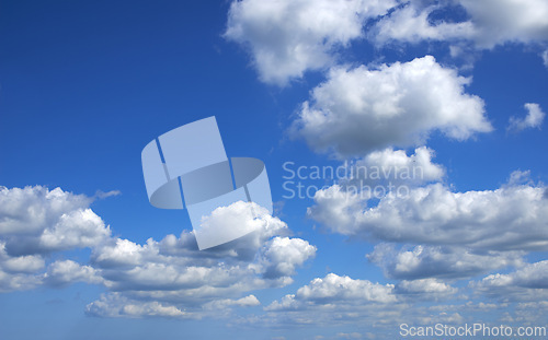 Image of Blue sky, cloud and weather with mockup space of nature, outdoor climate or natural scenery in air. Landscape with clean ozone, view or skyline of heaven, condensation or cloudy day in the atmosphere