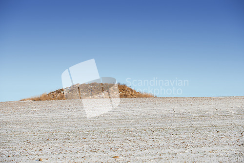 Image of Desert, nature and landscape of environment with hill or countryside with grass, sand and blue sky. Mountain, peak and travel outdoor in summer to hillside with dry plants on dune, mound or bush