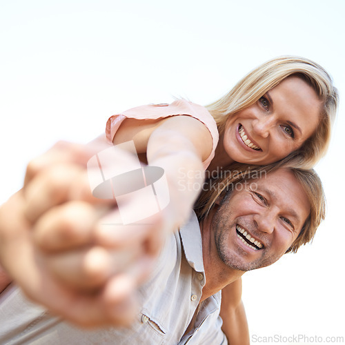 Image of Happy, piggyback and portrait of couple in park hugging for love, care and marriage on vacation. Smile, outdoor and man and woman embracing in garden on holiday or weekend trip for romantic date.