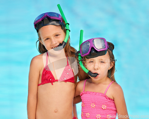 Image of Snorkeling, goggles and portrait of kids at swimming pool, ready for adventure on vacation. Holiday, games or friends hug together with gear for fun, activity or children with safety in water