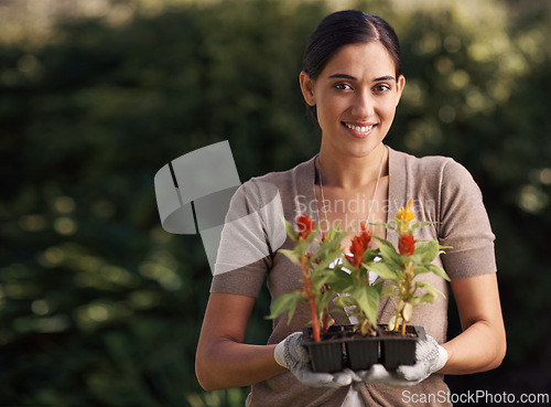 Image of Woman, horticulture and portrait of gardening with flower plant in nursery for cultivation, botany and landscaping. Environment, smile and face of happy female person for sustainability and growth.