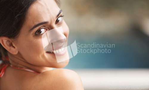 Image of Woman, portrait and happy to relax on vacation, holiday fun and summer travel with mockup space and wellness. Tourist, person and face with smile for swimming, tropical adventure and bikini outdoor