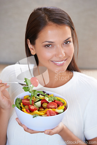 Image of Happy, eating and portrait of woman with salad for organic, wellness and healthy diet lunch. Food, vegetables and young female person enjoying produce meal, dinner or supper for nutrition at home.