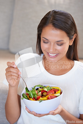 Image of Nutrition, eating and portrait of woman with salad for organic, wellness and fresh diet lunch. Food, vegetables and young female person enjoying produce meal, dinner or supper for health at home.