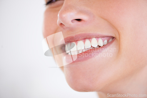 Image of Smile, oral hygiene and closeup of woman teeth with health, wellness and morning dental routine. Self care, happy and zoom of young female person with mouth for clean, fresh or dentistry treatment.