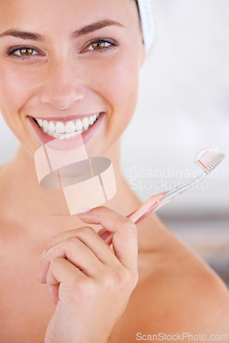 Image of Toothbrush, smile and portrait of woman brushing teeth for health, wellness and morning oral routine. Self care, dental and young female person with mouth for clean, hygiene or dentistry treatment.