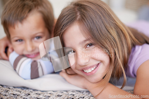 Image of Portrait, kids and smile for family, brother and sister at home in living room on rug together. Children, happy and bonding in the house, relaxing and lounge or bedroom for sibling fun and joy