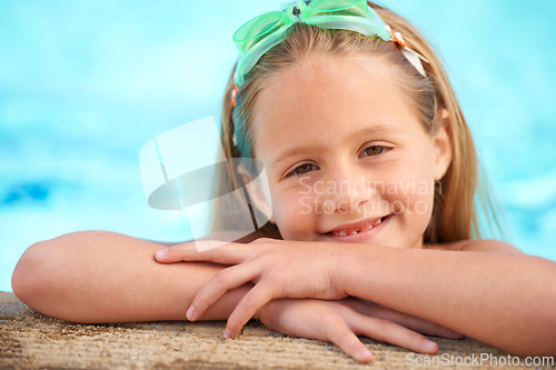 Image of Girl, relax and portrait of child in swimming pool with goggles for games outdoor on holiday or vacation. Kid, smile and rest on hands at poolside and happy in water at resort or house in summer