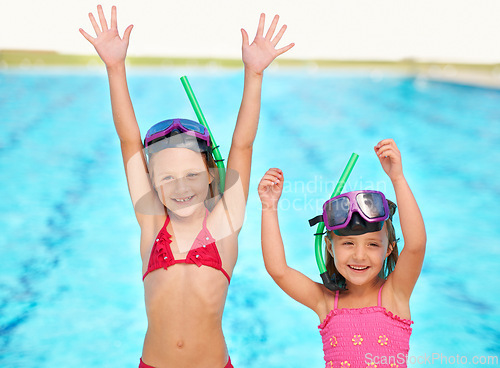 Image of Excited, cheers and portrait of kids at swimming pool, ready for adventure on vacation. Holiday, resort and friends celebrate with toys for fun or children with goggles, gear and fashion for water