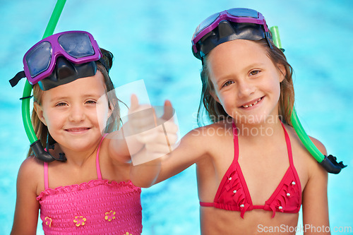 Image of Portrait, girls and happy kids with thumbs up at swimming pool, sisters or family of siblings in swimsuit outdoor together to relax. Face, like and children by water for vacation, holiday and summer
