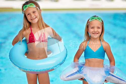 Image of Summer, inflatables and portrait of kids at swimming pool, ready for adventure on vacation. Holiday, games and friends relax together with toys for fun, activity or children with safety gear in water