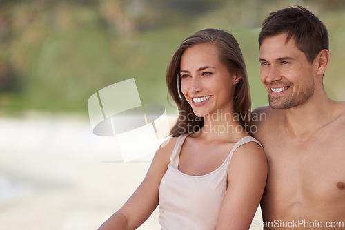 Image of Happy, thinking and couple in summer with love in embrace on vacation or holiday mockup. Future, travel and man relax with woman on adventure with support and kindness in marriage and planning ideas