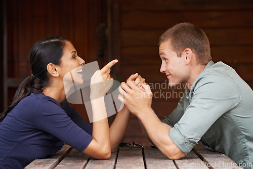 Image of Holding hands, love and couple at a cafe for date, bonding and fun with care, support or conversation. Care, romance and people at coffee shop happy with weekend chill, vacation or holiday together