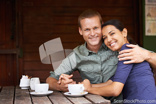 Image of Restaurant, coffee and couple with portrait, hug and customers with relationship and care. Cafe, relax and man with woman or morning with weekend break or bonding together with date, love or marriage
