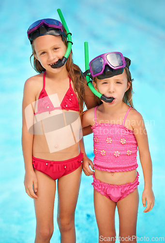 Image of Snorkeling, goggles and portrait of kids at swimming pool, ready for adventure on vacation. Holiday, games or friends relax together with toys for fun, activity or children with safety gear for water