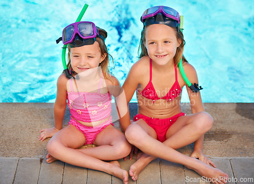 Image of Kids, sitting and relax at swimming pool in summer, ready for adventure at resort on vacation. Holiday, games and friends thinking with goggles of fun, activity or children with safety gear for water