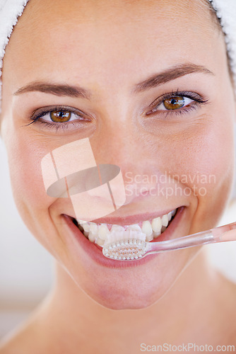 Image of Toothbrush, hygiene and portrait of woman brushing teeth for health, wellness and morning oral routine. Self care, smile and young female person with mouth for clean, dental or dentistry treatment.