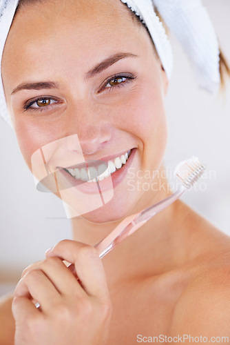 Image of Toothbrush, dentistry and portrait of woman brushing teeth for health, wellness and morning oral routine. Self care, smile and young female person with mouth for clean, hygiene or dental treatment.