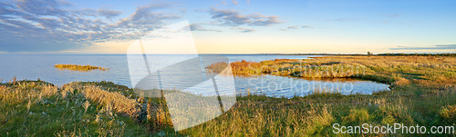 Image of Lake, grass and nature with landscape, horizon or sky in environment with sunshine in Jutland. Water, sea or field with clouds, sustainability or ecology for earth in summer at countryside in Denmark