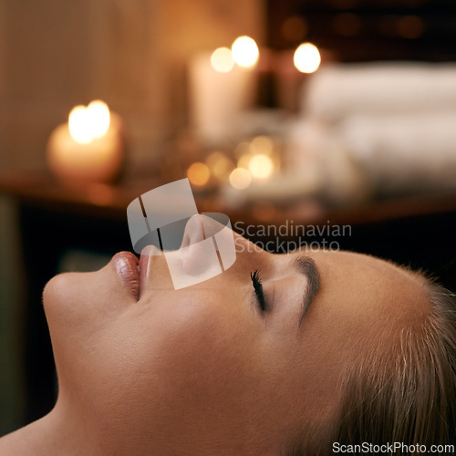 Image of Woman, spa and relax with luxury, closeup and peace with wellness and bokeh. Person, skincare and health for zen, calm and body care at resort or massage parlour and serene ambience and treatment