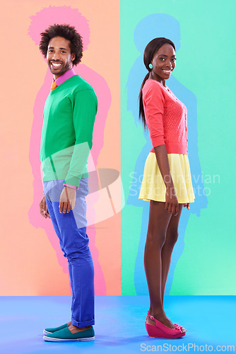 Image of Fashion, smile and portrait of black couple in studio with colorful, trendy and stylish outfit. Happy, love and full body of African man and woman with edgy, classy and retro style by background.