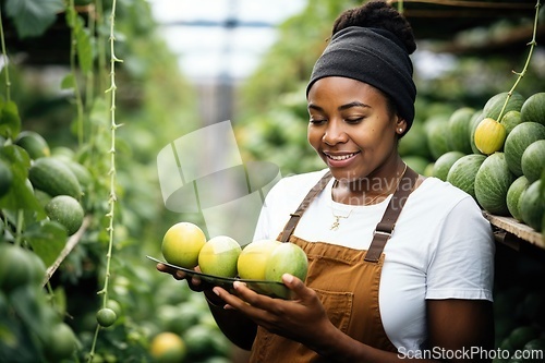 Image of Farmer Holding Fresh Passion Fruits in a Greenhouse