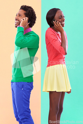 Image of Couple, talking and phone call in colorful clothes for fashion, dating or new love with crush. African people, young and smile for excited on mobile for flirting, laughter and jokes together