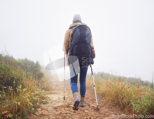 Image of Person, hiking and back in nature with trekking sticks, winter and support for fog trail in mountain. Athlete, backpack and sport gear for safety in wet environment, slippery and walking for fitness