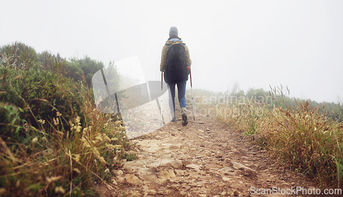 Image of Person, hiking and back in field with trekking sticks, adventure and support for fog trail in mountain. Athlete, backpack and sport gear for safety in wet environment, healthy and walking for fitness