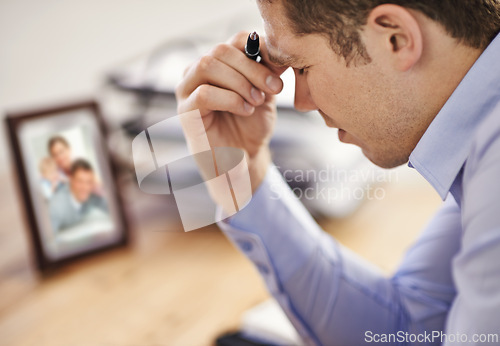 Image of Stress, job loss and businessman in office with fear of bankruptcy, debt and letter of resignation. Anxiety, depression and burnout with frustrated man at desk with risk of business termination