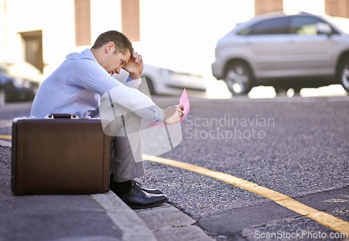 Image of Businessman, failure or job loss in street with letter, stress or thinking of career crisis. Salesman, pink slip or mental health or anxiety of work performance or fired with termination of contract
