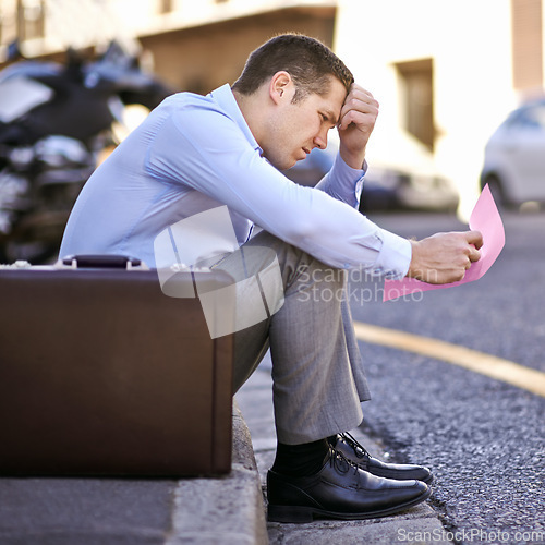 Image of Businessman, worry or job loss in street with letter, stress or thinking of career crisis. Salesman, pink slip or mental health or anxiety of work performance or fired with termination of contract