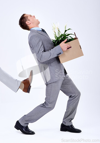 Image of Businessman, unemployed or fired by boss in company with box, rejection or sad with career crisis. Salesman, risk or mental health for kick or income loss, fail and depression for termination of work