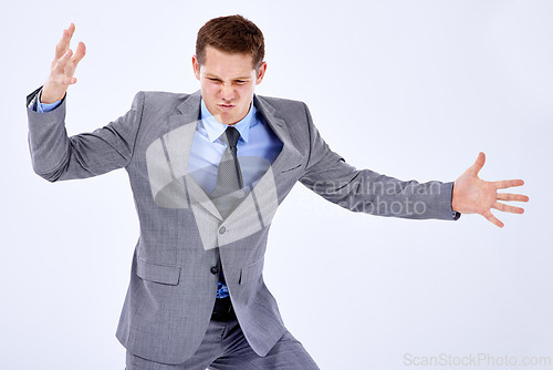 Image of Businessman, studio and angry or mad mockup for problem or company failure and office conflict by white background. Trader, expression and mad for crisis in stock market, mistake and loss of profit