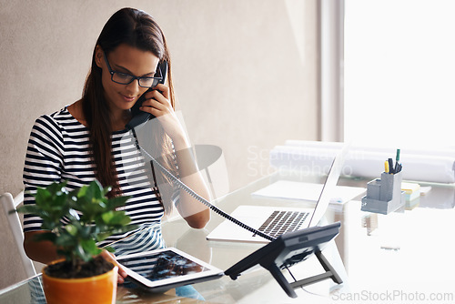 Image of Woman, phone call and tablet with laptop in office for telecommuting, communication and planning. Business person, receptionist or secretary with technology and internet for research and info