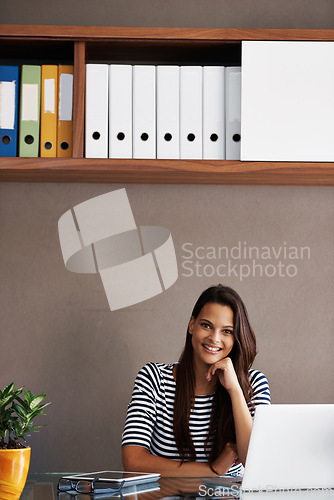 Image of Laptop, portrait and confident business woman in administration for planning, editing or email. Smile, receptionist and happy secretary ready for online project, startup or creative research on files