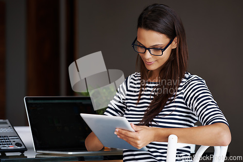 Image of Woman, office and tablet at desk for work as legal secretary with technology to manage or schedule meetings with clients. Personal assistant, online and organize appointment with digital touchscreen.