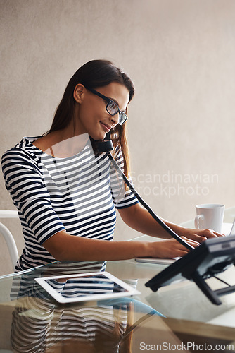 Image of Woman, phone or typing for sales, customer support or feedback in reception office in San Diego. Virtual assistant on call for schedule, administration and consultation in telemarketing business
