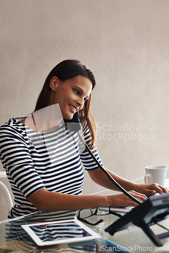 Image of Woman, phone or typing for sales, customer service or feedback in reception office in Melbourne. Virtual assistant on call for schedule, administration and technical support in telemarketing business