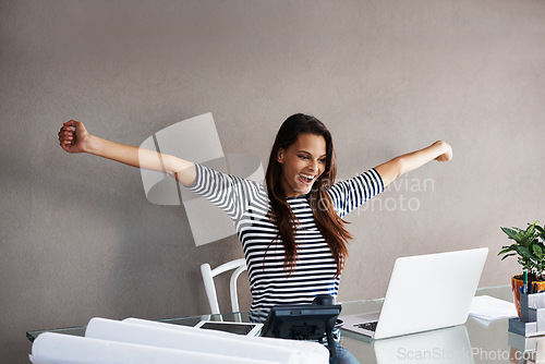 Image of Woman, celebration and laptop for win or deal in home office, ecommerce and lottery achievement. Female person, prize and promo while online shopping, competition success and cashback on investment