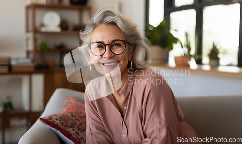 Image of In her sunlit living room, the modern elderly woman exudes sophistication, wearing glasses, creating a chic and cozy atmosphere.