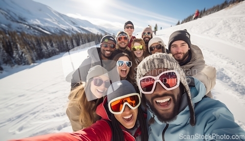 Image of Friends capture snowy mountain joy in a cheerful group selfie amid the wintry alpine landscape.